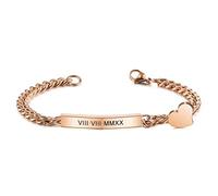 MeMeDIY Bracelet de Barre Personnalisé Gravure Nom Date pour Les Femmes Petite Amie en Acier Inoxydable Coeur Gourmette Lien Cheville Meilleur Ami Cadeau de Demoiselle d'honneur(Couleur Or Rose)