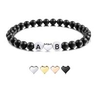 MeMeDIY Bracelet Initial Personnalisé Gravé Lettre Perle pour Copain Copines Couples Femmes Hommes Cheville Personnalisée Noir Agate Naturelle Blanc Turquoise avec Coeur À La Main