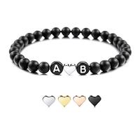 MeMeDIY Bracelet Initial Personnalisé Gravé Lettre Perle pour Copain Copines Couples Femmes Hommes Cheville Personnalisée Noir Agate Naturelle Blanc Turquoise avec Coeur À La Main
