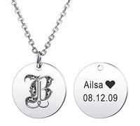 MeMeDIY Collier Pendentif Rond Personnalisé Gravure Lettre Initiale Nom pour Hommes Femmes Garçon Fille Pierre de Naissance Acier Inoxydable Chaîne Amour Relation Cadeau d'anniversaire(Argent)