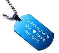 MeMeDIY Collier Personnalisé Étiquette de Chien Gravure Nom Date pour Hommes Femmes Amie en Acier Inoxydable Pendentif Amant Anniversaire Saint Valentin Bijoux Cadeau avec Porte-clés(Couleur Bleu)