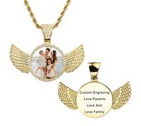 MeMeDIY Collier Photo Personnalisé Médaille en Cuivre Gravée Texte/Nom/Date Mémoire Aile d'ange et Pendentif en Forme de Coeur et Rond avec Chaîne de Corde à Breloques Hip Hop (Or 26 pouces)