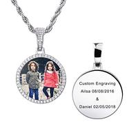 MeMeDIY Collier Photo Personnalisé Médaille en Cuivre Gravée Texte/Nom/Date Mémoire Aile d'ange et Pendentif en Forme de Coeur et Rond avec Chaîne de Corde à Breloques Hip Hop (Argent 18 pouces)