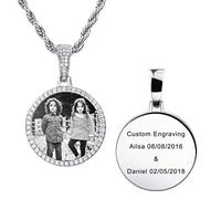 MeMeDIY Collier Photo Personnalisé Médaille en Cuivre Gravée Texte/Nom/Date Mémoire Aile d'ange et Pendentif en Forme de Coeur et Rond avec Chaîne de Corde à Breloques Hip Hop (Argent 22 pouces)