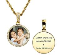 MeMeDIY Collier Photo Personnalisé Médaille en Cuivre Gravée Texte/Nom/Date Mémoire Aile d'ange et Pendentif en Forme de Coeur et Rond avec Chaîne de Corde à Breloques Hip Hop (Or 20 pouces)