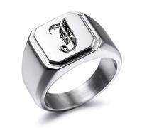 MeMeDIY Gravure Personnalisée Monogramme Initiales Lettre Signet Bague pour Hommes Femmes l'anneau de Mariage en Acier Inoxydable Bijoux lot avec Ajusteurs de Taille de Bague(Couleur Argent Taille 14)