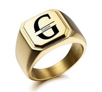 MeMeDIY Gravure Personnalisée Monogramme Initiales Lettre Signet Bague pour Hommes Femmes l'anneau de Mariage en Acier Inoxydable Bijoux lot avec Ajusteurs de Taille de Bague(Couleur Or Taille 7)