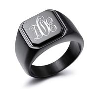 MeMeDIY Gravure Personnalisée Monogramme Initiales Lettre Signet Bague pour Hommes Femmes l'anneau de Mariage en Acier Inoxydable Bijoux lot avec Ajusteurs de Taille de Bague(Couleur Noir Taille 10)