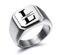 MeMeDIY Gravure Personnalisée Monogramme Initiales Lettre Signet Bague pour Hommes Femmes l'anneau de Mariage en Acier Inoxydable Bijoux lot avec Ajusteurs de Taille de Bague(Couleur Argent Taille 14)