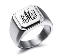 MeMeDIY Gravure Personnalisée Monogramme Initiales Lettre Signet Bague pour Hommes Femmes l'anneau de Mariage en Acier Inoxydable Bijoux lot avec Ajusteurs de Taille de Bague(Couleur Argent Taille 13)
