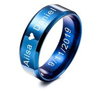 MeMeDIY Mens Anneaux de Mariage pour Les Filles en Acier Inoxydable Filles garçons Filles promesse, Paquet avec Bague de réglage - Gravure personnalisée (Bleu Couleur, 8mmLargeur, Taille 49)