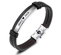 MeMeDIY Nom Bracelet Bracelets Personnalisés pour Femmes Bracelets Personnalisés pour Garçons Hommes Filles en Acier Inoxydable en Cuir VéRitable Gravure Manchette Tressée (Argent Ton Étiquette)