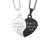 MeMeDIY Personnalisé 2 Pcs Collier Couple Coeur Amoureux Puzzle Collier Assortis pour 2 Colliers d'amitié Acier Inoxydable pour Hommes et Femme Pendentif Collier Couleur Argent/Noir/Or -D1