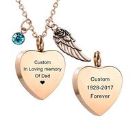 MeMeDIY Personnalisé Ange Aile Pendentif Coeur Urne Collier Gravure Photo/Nom Pierres de Naissance pour Hommes Femmes Garçon Fille Animal en Acier Inoxydable Cendres Souvenir Crémation (Or Rose)