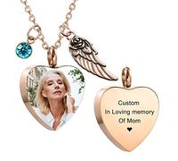 MeMeDIY Personnalisé Ange Aile Pendentif Coeur Urne Collier Gravure Photo/Nom Pierres de Naissance pour Hommes Femmes Garçon Fille Animal en Acier Inoxydable Cendres Souvenir Crémation (Or Rose)