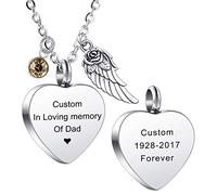 MeMeDIY personnalisé Ange Aile Pendentif Coeur urne Collier Gravure Photo/nom Pierres de Naissance pour Hommes Femmes garçon Fille Animal en Acier Inoxydable Cendres Souvenir crémation Entonnoir Kit