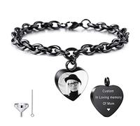MeMeDIY Personnalisé Coeur Urne Bracelet Gravure Photo Nom pour Femmes Fille Hommes Garçon Cendres Humaines Titulaire avec Chaîne Réglable en Memorial Crémation Souvenir Entonnoir Kit