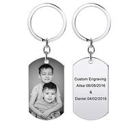 MeMeDIY Personnalisé Dog Tag Keychain Gravure Personnalisée Noms/Date/Texte/Noir et Blanc Photo Porte-clés en Acier Inoxydable pour Hommes Femmes Couples Meilleur Cadeau d'anniversaire(Argent).