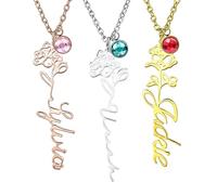 MeMeDIY Personnalisé Mois de Naissance Fleur Nom Collier en Argent Sterling 925/Acier Inoxydable Collier avec Pierre de Naissance Proposition de Demoiselle d'honneur Cadeaux pour Femme (Style A2)