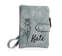 MeMeDIY Portefeuille en Cuir Personnalisé pour Femme avec Porte-Monnaie Zippé et Dragonne Petit Portefeuille Femme avec Prénom et Fleur de Naissance Cadeaux pour Petite Amie Épouse Maman - Bleu-ver