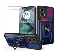 MEMELOKA Coque pour Motorola Moto G35 + 2 Pièces Verre Trempé, Rigide PC et TPU Bumper Antichoc Étui de Protection[Lentille Coulissante Couverture][Fente pour Carte][Support Rotatif], Bleu