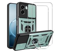 MEMELOKA Coque pour Oppo A6x 5G/4G/Oppo A6 4G/5G avec Verre Trempé, Housse de Protection Militaire Anti-Rayures + Support Rotatif à 360°, Antichoc Coque avec Lentille Coulissante Couverture, Vert
