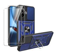 MEMELOKA Coque pour Realme GT 7/GT 7T 5G avec 2 Pièces Verre Trempé, Housse de Protection Anti-Rayures + Support Métallique Rotatif à 360°, Antichoc Coque avec Lentille Coulissante Couverture, Bleu