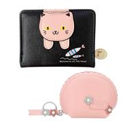 MEMOFYND 1 porte-monnaie pour femme avec 1 porte-monnaie en cuir pliable à deux volets, motif dessin animé, fermeture éclair pour femmes et filles (noir), Noir , 12*10*3cm