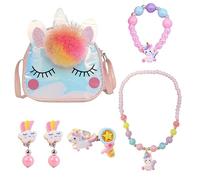 MEMOFYND 1 sac à bandoulière de dessin animé et 6 accessoires, ensemble de bijoux jouets, collier princesse, bracelet, boucles d'oreilles, convient pour les fêtes d'enfants, les fêtes d'anniversaire,