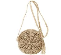 MEMOFYND 1 sac rond en paille - Sac à bandoulière bohème tressé - Sac de plage simple - Sac à main à pompons - Convient pour les voyages et les vacances (beige), beige, 21