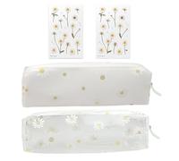 MEMOFYND 2 Poches à Stylos, 2 Autocollants Marguerite, Trousse à Crayons Transparente en PVC Portable, Sac de Papeterie Organisateur, Sac de Maquillage