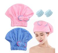 MEMOFYND 2 Serviettes À Cheveux,2 Dragonnes pour Laver Le Visage,Une Serviette À Cheveux en Microfibre,Un Bonnet pour Sécher Les Cheveux,Une Serviette À Cheveux À Séchage Rapide (Bleu, Rose)