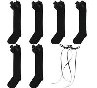 MEMOFYND 3 paires de bas noirs et 2 pinces à cheveux noires, bas à nœud mignon, chaussettes d'école, chaussettes uniformes pour fille, convient pour les filles de 7 à 12 ans, Noir , Small-Large