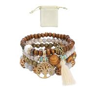 MEMOFYND Bracelet Multicouche en Perles de Bois et Pochette en Flanelle - Bijoux Bohémiens pour Femmes et Filles - Bracelet d'Amitié Extensible, 18 cm