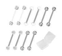 MEMOFYND Lot de 10 clous de langue en métal précieux, avec 1 boîte de rangement transparente, clous de langue de calibre 14, bijoux de piercing de langue, Métal