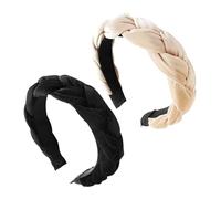 MEMOFYND Lot de 2 bandeaux en velours, antidérapants, tressés, bandeaux tressés, bandeaux de maquillage pour femme, bandeaux torsadés, épais (beige, noir)
