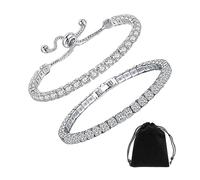 MEMOFYND Lot de 2 Bracelets Blancs en Zircone Diamant Avec Pochette en Flanelle, Réglables, Scintillants - Cadeaux d'Anniversaire, Bijoux Élégants pour Femmes et Filles