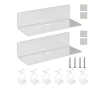 MEMOFYND Lot de 2 étagères flottantes en acrylique avec 4 vis d'expansion, 4 adhésifs sans clous et 6 pinces de câble de données blanches, étagère acrylique, étagère de rangement autocollante, petite
