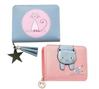 MEMOFYND Lot de 2 porte-monnaie de dessin animé, outil de rangement portable, mini portefeuille, portefeuille avec plusieurs emplacements pour cartes, étui en cuir avec imprimé chat, portefeuille