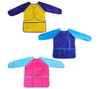 MEMOFYND Lot de 3 tabliers de peinture imperméables pour enfants avec poches pour enfants de 3 à 8 ans - Tablier de cuisine et bricolage - Convient pour la peinture, la cuisine, Rouge/jaune/bleu,
