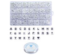 MEMOFYND Lot de 810 perles avec lettres, 1 rouleau de fil extensible, lot de perles avec lettres, lettres de perles à enfiler, perles carrées (blanc)