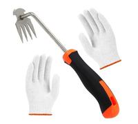 MEMOFYND Outil de désherbage en 1 pièce avec 1 paire de gants en gaze de coton, crochet de désherbage à quatre dents, outil de désherbage en acier inoxydable, outil de désherbage, convient pour le