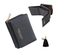 MEMOFYND Porte-Monnaie Vertical en Cuir Noir avec Pendentif Pompon - Mini Format pour Femme - Zippé avec Plusieurs Emplacements