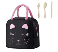 MEMOFYND Sac à Déjeuner Imperméable Avec Visage de Chat et Couverts 3 Pièces - Style Dessin Animé, Mignon, Portable, Réutilisable - Noir