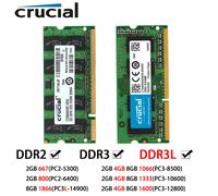 Mémoire Crucial DDR3 DDR3L DDR2 RAM pour ordinateur portable 2 Go 4 Go 8 Go 667 800 1066 1333 1600 1866 MHz SODIMM PC2-5300 PC3-12800 Ordinateur portable 1.35/1.5V