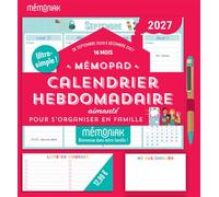 Mémopad calendrier hebdomadaire aimanté 16 mois, septembre 2026 à décembre 2027