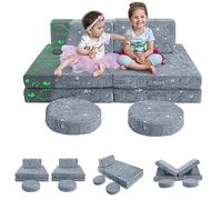 MeMoreCool Canapé de jeu pour enfants - Fauteuil modulaire pour salle de jeux - 8 pièces - Pliable - Kit de jeu - Canapé pour enfant avec fonction couchage - Pour fille et garçon - Gris dinosaure