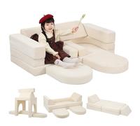 MeMoreCool Fancy Canapé de jeu pour enfants en velours côtelé 10 pièces, modulable, pour salle de jeux, ensemble de sièges convertibles, blocs de construction en mousse pour chambre d'enfant, beige
