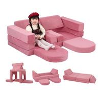 MeMoreCool Fancy Canapé de jeu pour enfants en velours côtelé 10 pièces, modulable, pour salle de jeux, ensemble de sièges convertibles, blocs de construction en mousse pour chambre d'enfant, rose