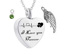 Memorial Ashes Urn,Heart with Angel Wing Birthstone and ECG Engraving I Love You Forever Pet Ashes Necklace Stainless Steel Urn Necklace for Ashes